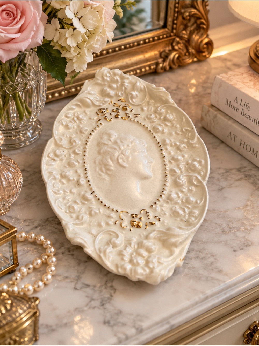Vintage Fostoria Jenny Lind Ironstone Ornate White Cameo Decorative Vanity Dish